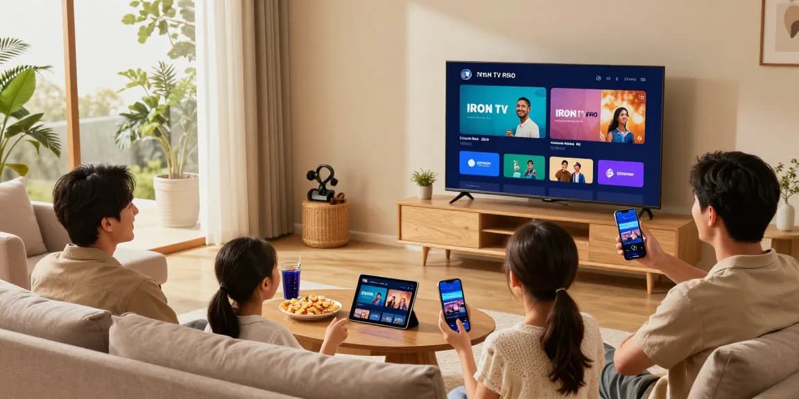 Famille profitant d'Iron tv pro sur Smart TV et appareils, ambiance chaleureuse.