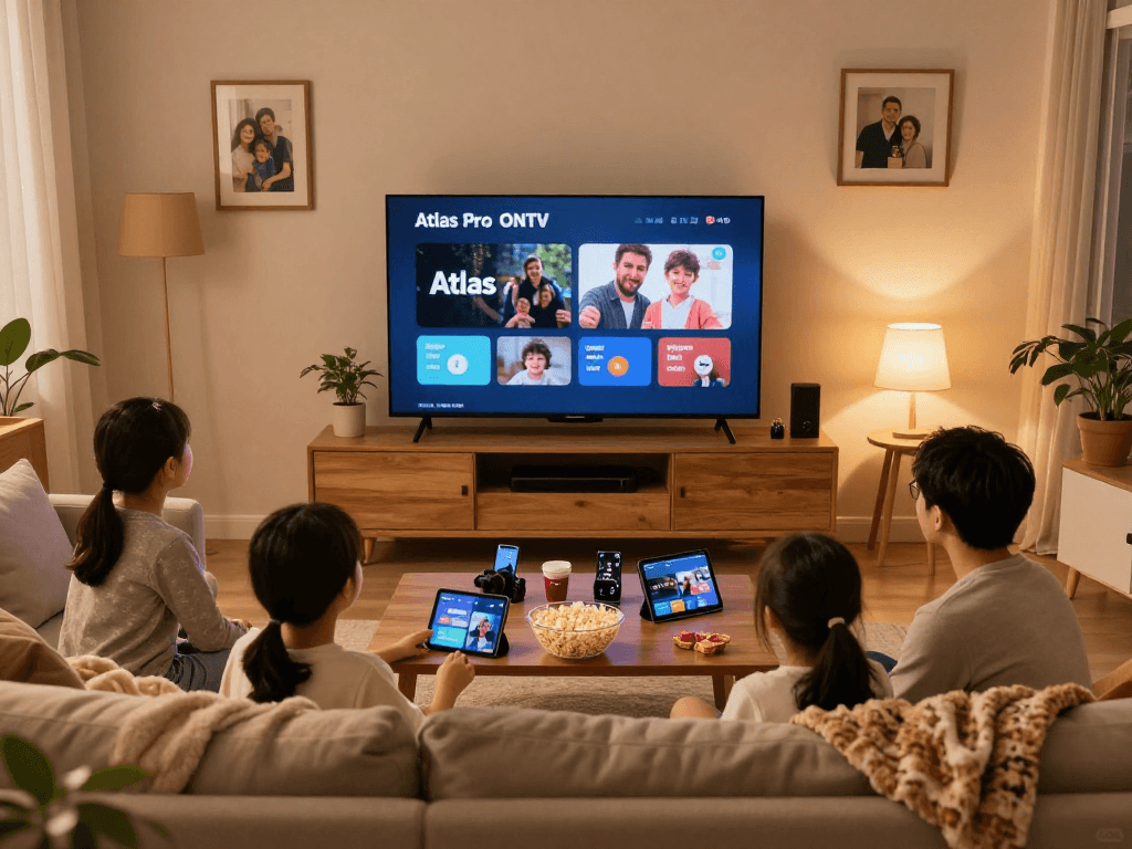 Famille profitant d'Atlas pro ontv dans un salon confortable, ambiance chaleureuse.