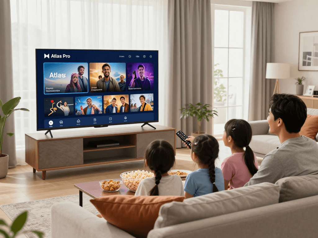 Famille profitant de la qualité de streaming Atlas Pro dans leur salon moderne