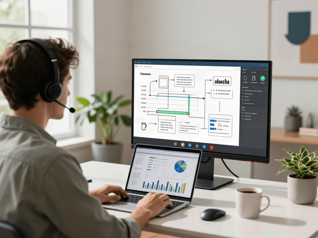 Une personne utilisant Atlas pro ontv dans un bureau moderne, avec un ordinateur portable et une décoration inspirante.