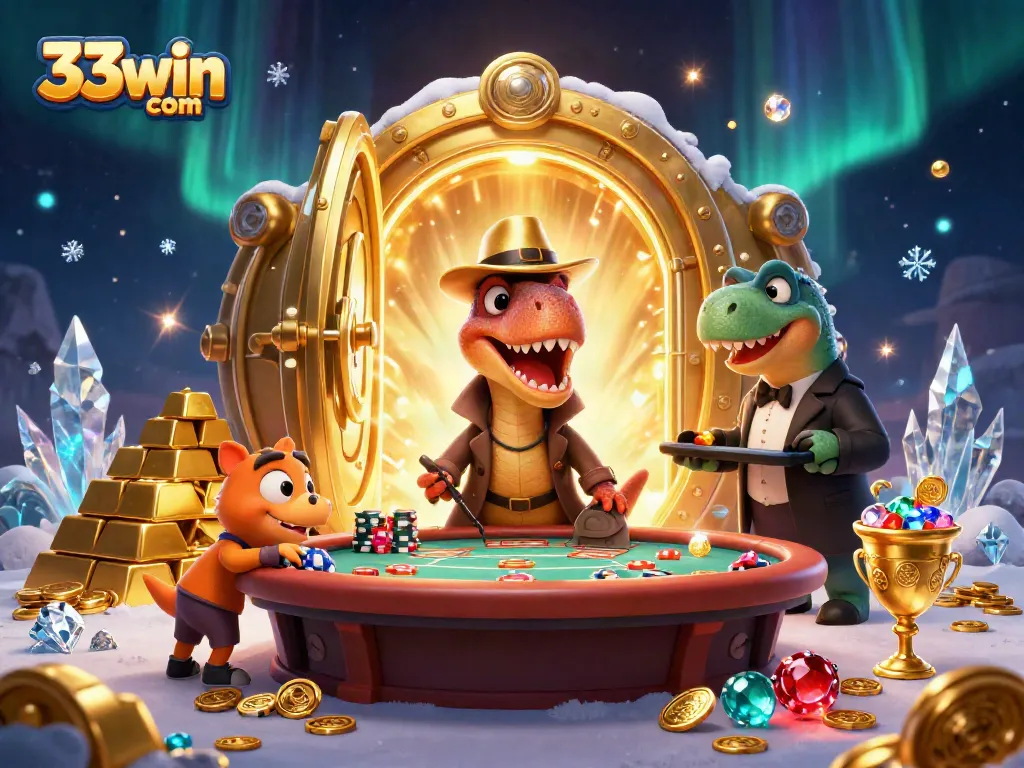 Experience excitement at 33win com with cartoon characters navigating a vibrant casino scene.