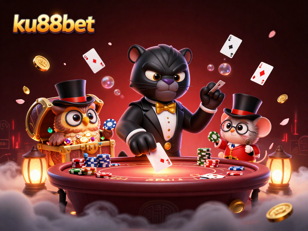 Engaging ku88bet casino scene featuring a panther dealer, owl, and lucky mouse at a vibrant poker table.