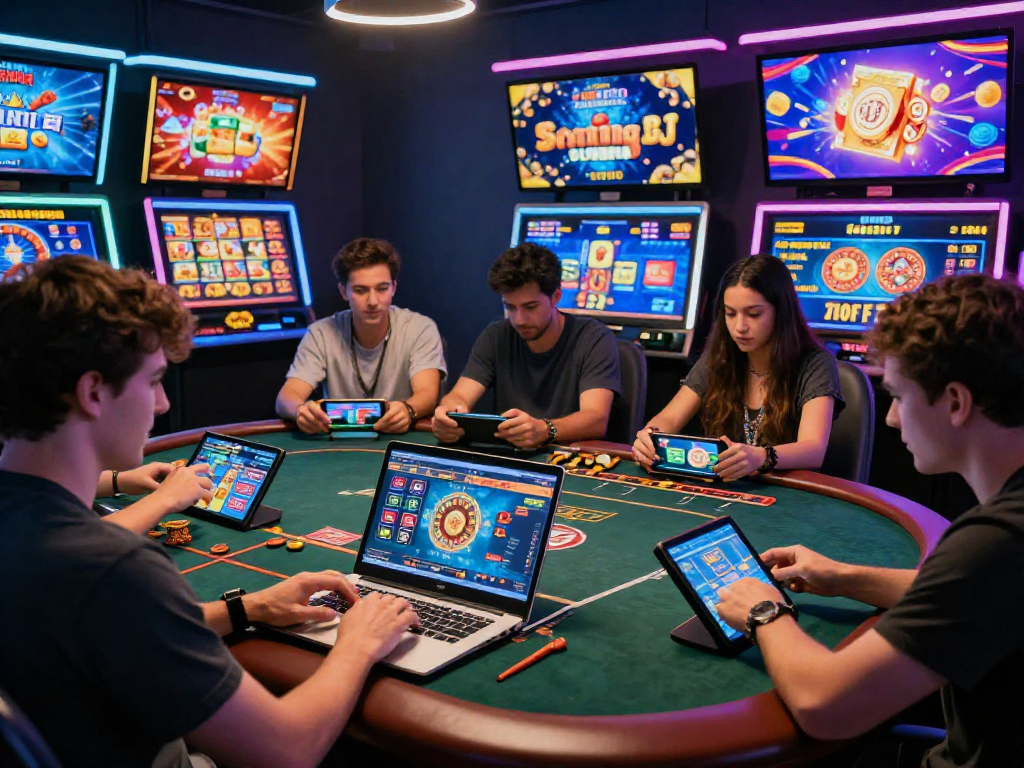 Joueurs captivés par des jeux de casino en ligne, comme des machines à sous et des tables de poker, dans un environnement moderne et lumineux.