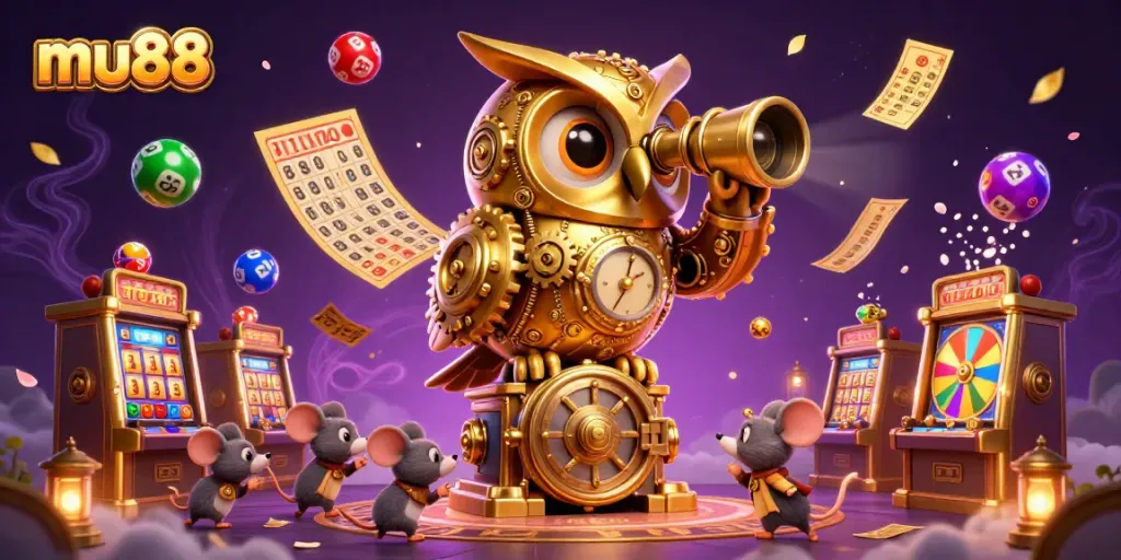 Experience thrilling gaming adventures at mu88 with an enchanting scene of a golden owl and dynamic casino elements.
