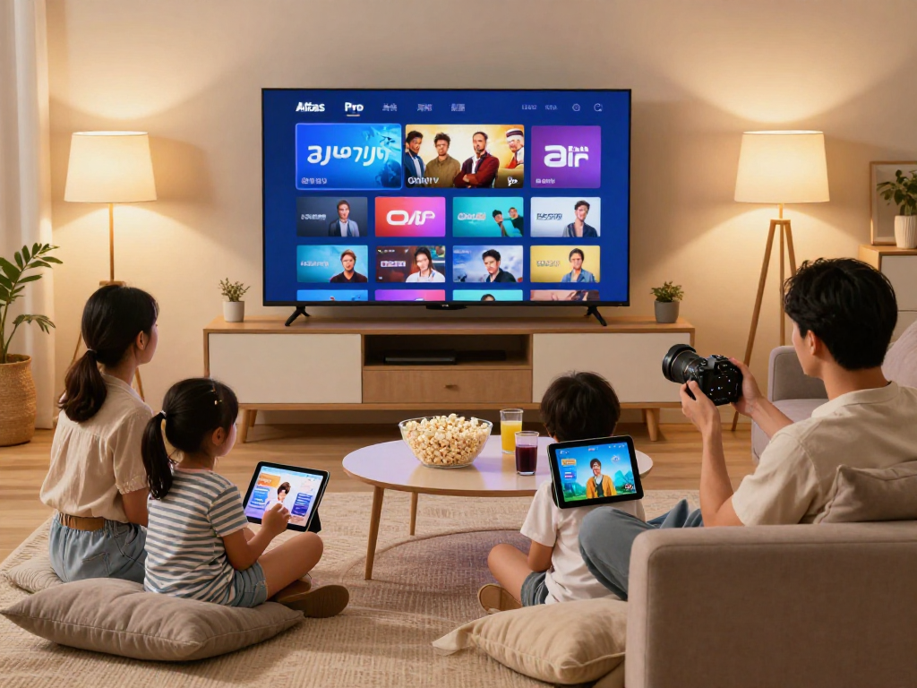 Famille utilisant Atlas Pro Premium pour une soirée cinéma à la maison