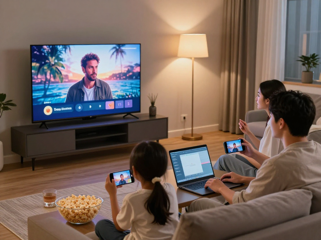Profitez de l'application Atlas Pro ONTV avec votre famille dans un salon confortable.