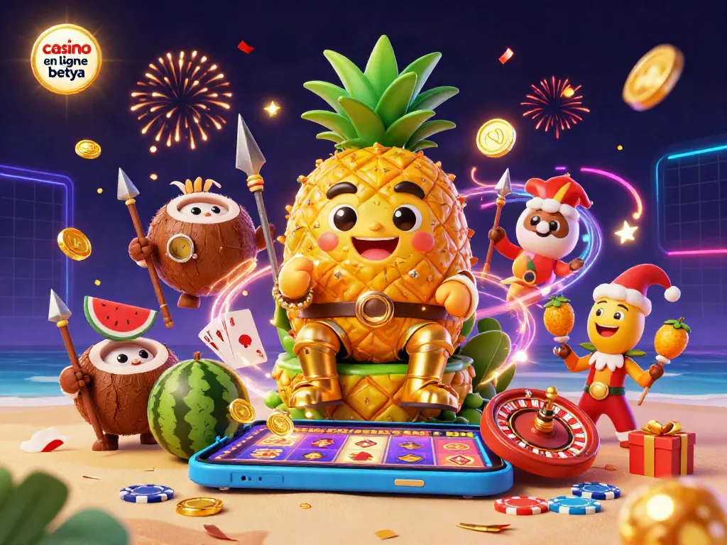 Experience excitement at casino en ligne betya with a vibrant 3D illustration featuring a pineapple king and casino games.