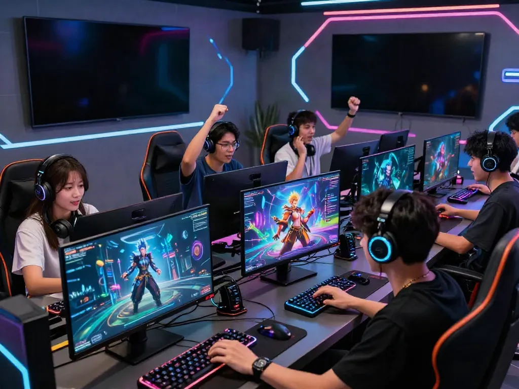 Engaging gamers interacting with AI characters in a vibrant gaming space featuring futa ai technology.