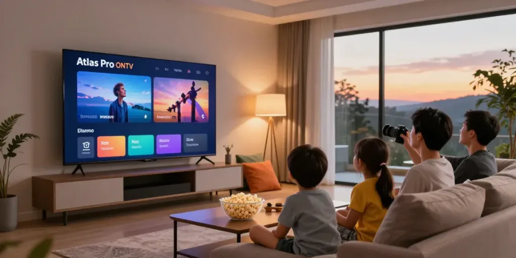La famille profite de l'application atlas pro iptv dans leur salon moderne, avec ambiance chaleureuse.