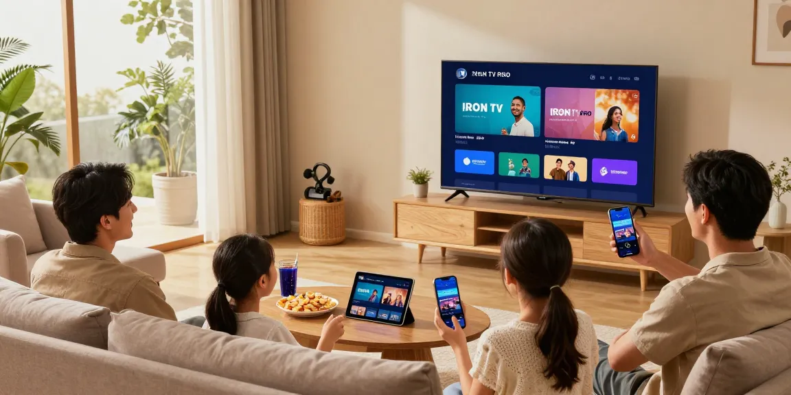 Famille profitant d'Iron tv pro sur Smart TV et appareils, ambiance chaleureuse.