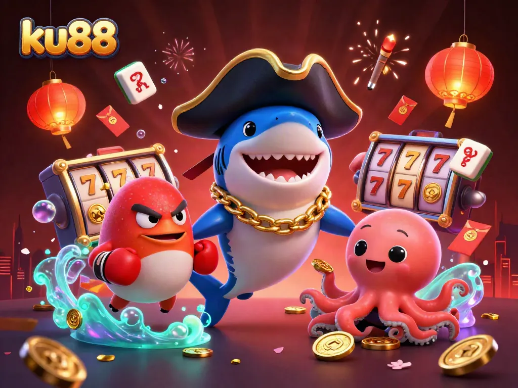 ku88 brings a vibrant online gambling scene to life with cartoon characters celebrating and gaming