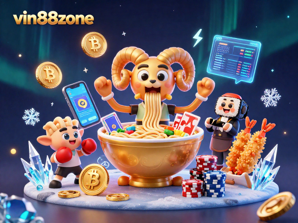 Win big at vin88zone with a dynamic 3D casino scene featuring a giant ramen bowl dealing cards and stacking chips.