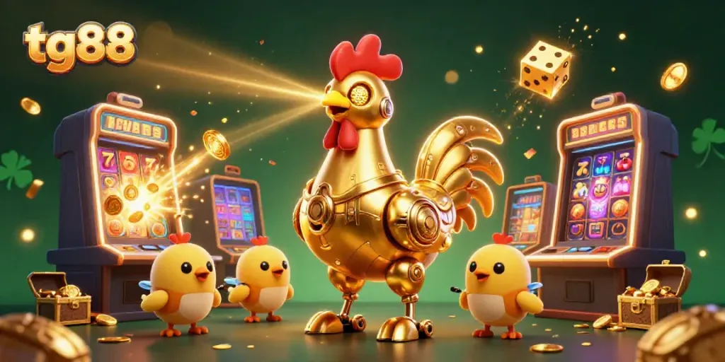 Experience thrilling gameplay with tg88's golden rooster robot amidst explosive casino activity.