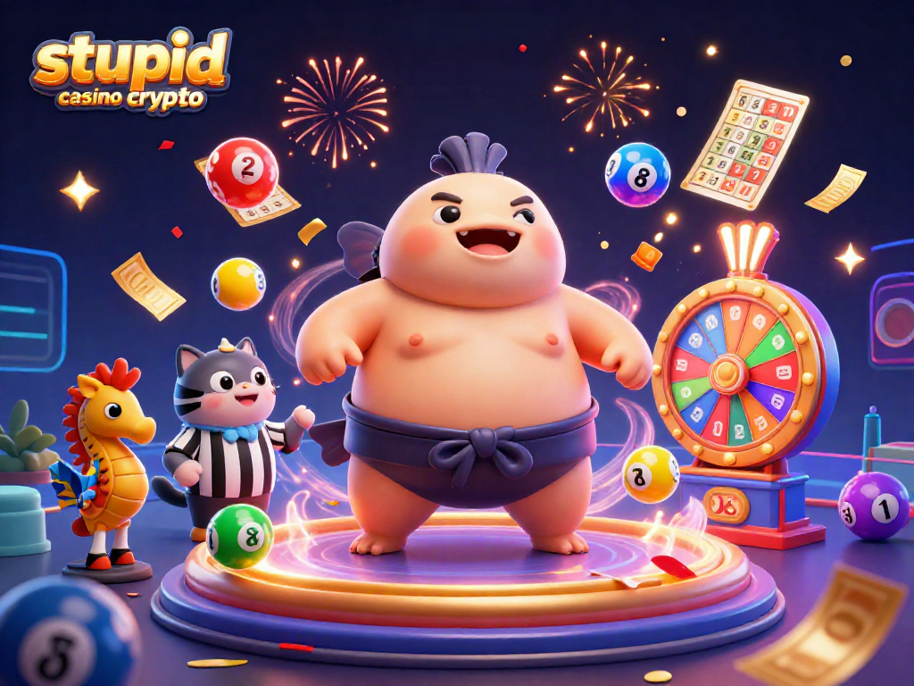 Illustration d'un poisson fugu énorme au Stupid Casino Crypto, entouré d'une fête sous-marine de loteries et jeux.