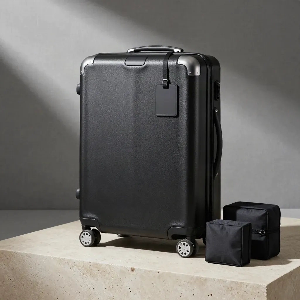 Valise cabine noire, carte vierge, sac de voyage et cube plié sur dalle claire.