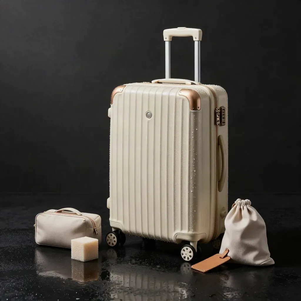 Valise cabine ivoire et accessoires de voyage sur fond noir humide, lumière dramatique.