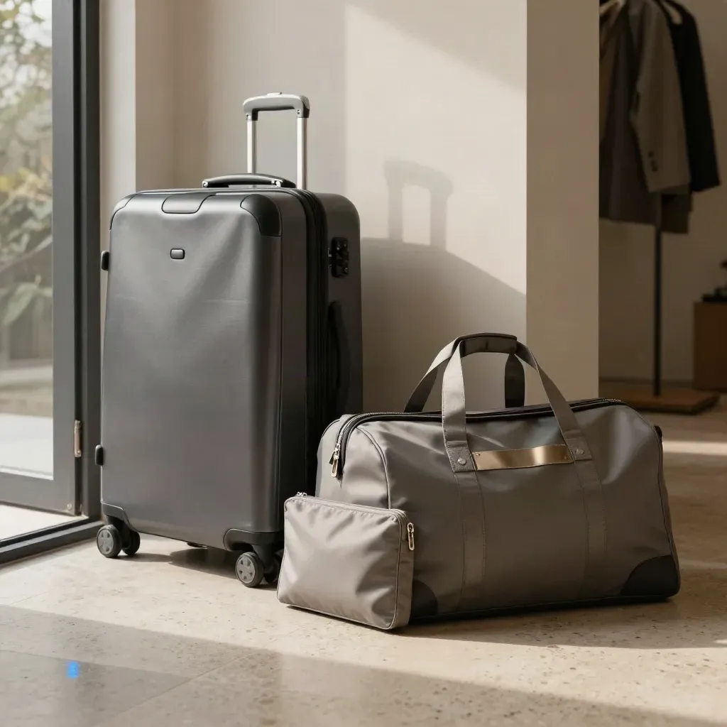 Valise cabine graphite et sac week-end assorti dans une entrée lumineuse, avec pochette et cube plat.