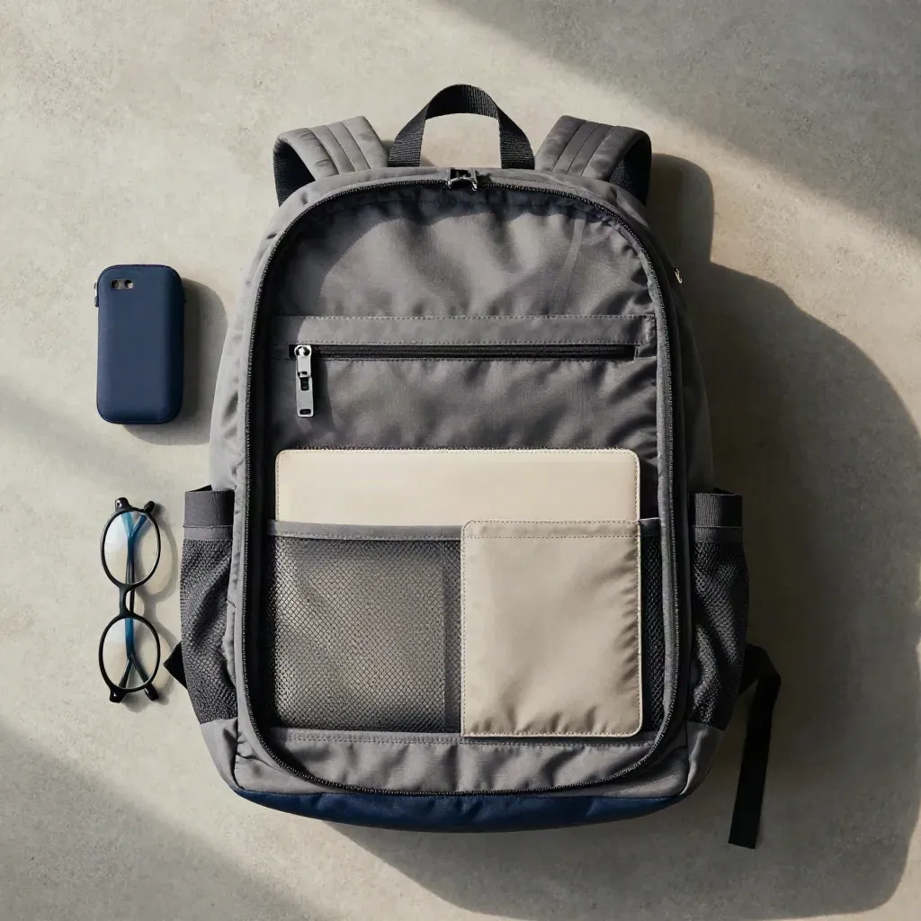 Sac à dos pro ouvert avec chargeur, étui à lunettes et carnet sur béton clair, vue de dessus.