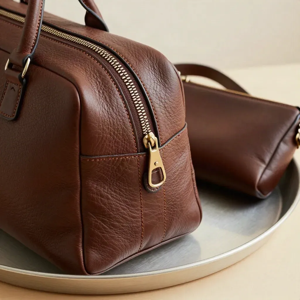 Sac week-end en cuir brun fumé, ouverture partielle et pochette de voyage sur fond clair.