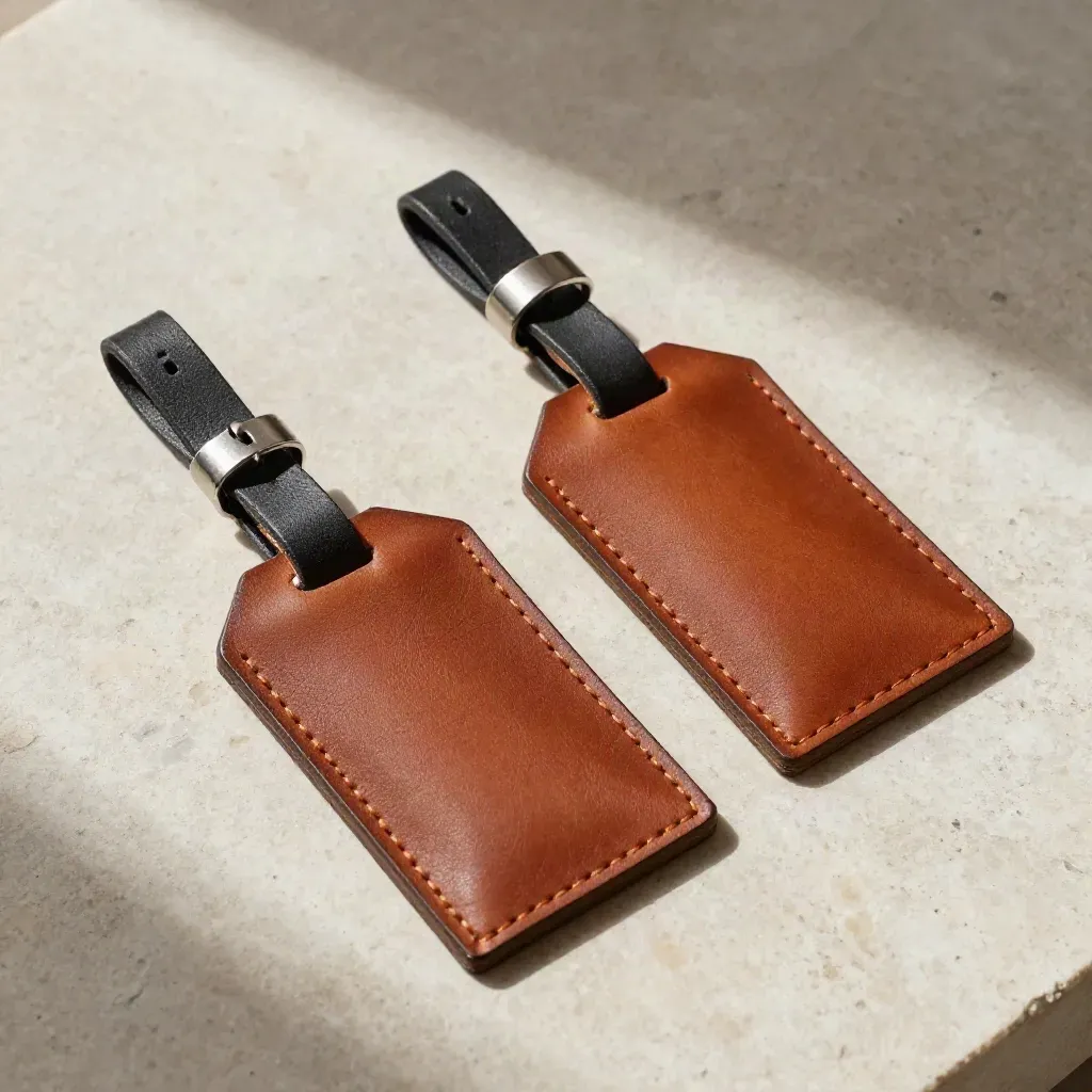 Deux étiquettes bagage en cuir cognac croisées sur pierre claire, lumière douce du haut.