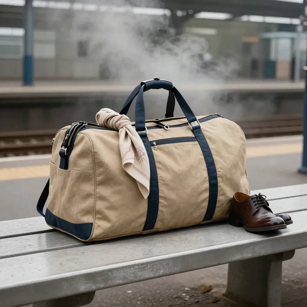 Sac cabine beige sur banc de gare, avec foulard roulé et chaussure de ville, ambiance premium