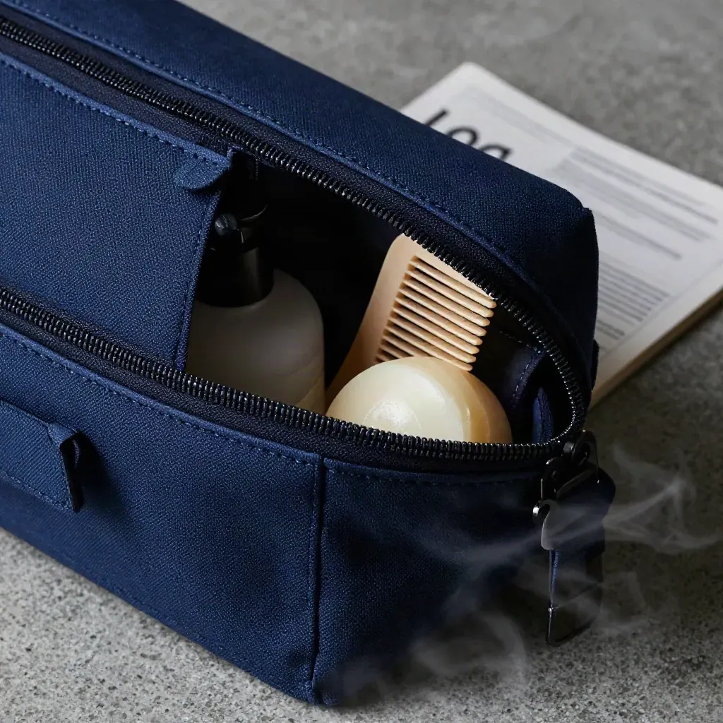 Trousse de toilette marine entrouverte avec flacon, peigne et savon sur travertin.