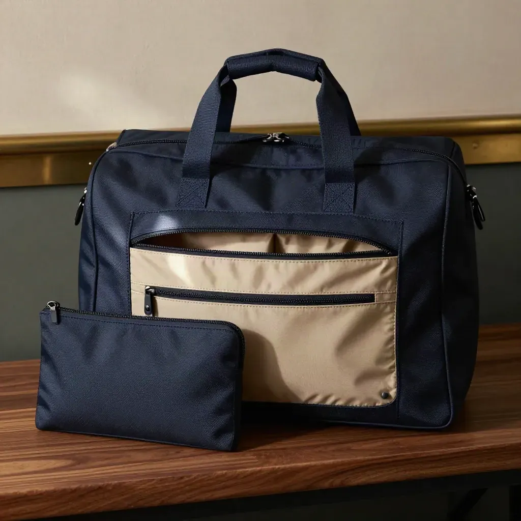Sac cabine navy ouvert avec pochette fine et sac à chaussures sur un banc en bois clair.