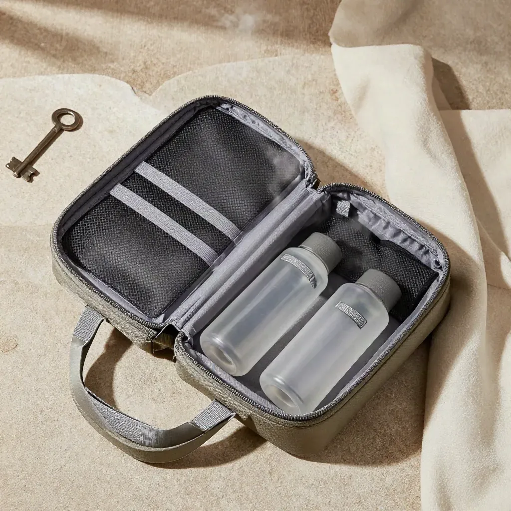 Trousse de toilette suspendue ouverte avec compartiments en mesh et flacons opaques.
