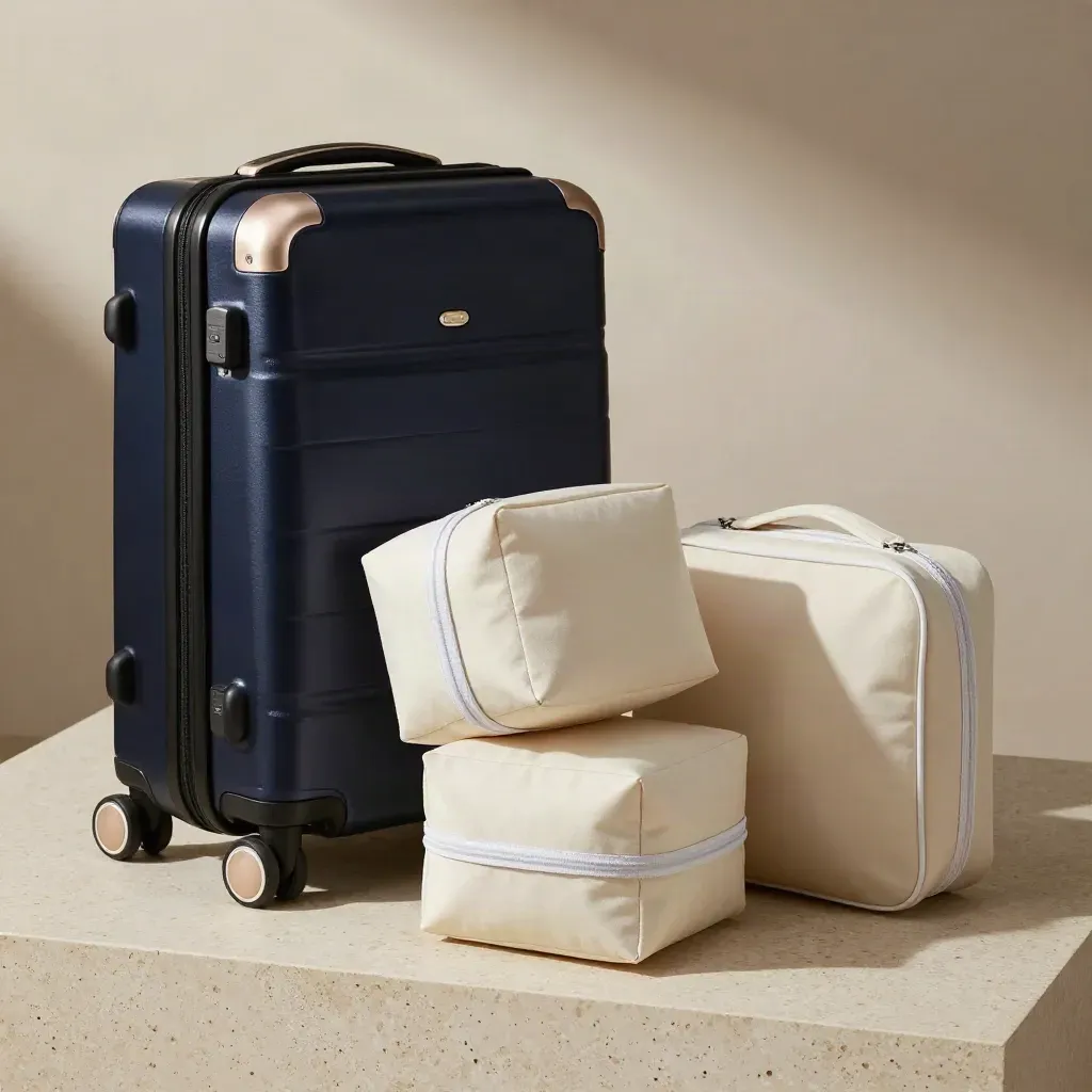 Valise cabine, cubes et trousse premium sur travertin clair, lumière douce.