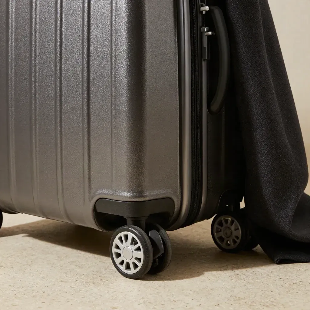 Gros plan d’une valise rigide charbon sur travertin, avec blazer plié et cube de rangement.