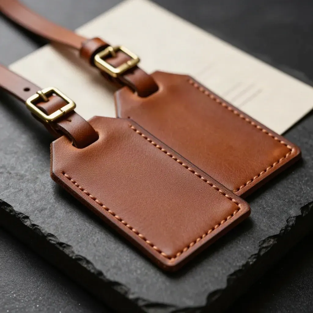 Deux étiquettes de bagage en cuir cognac croisées sur un fond noir dramatique.