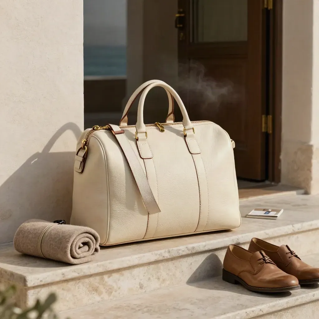 Sac week-end en cuir, pull roulé, étui à lunettes et chaussures près d’une porte ouverte.