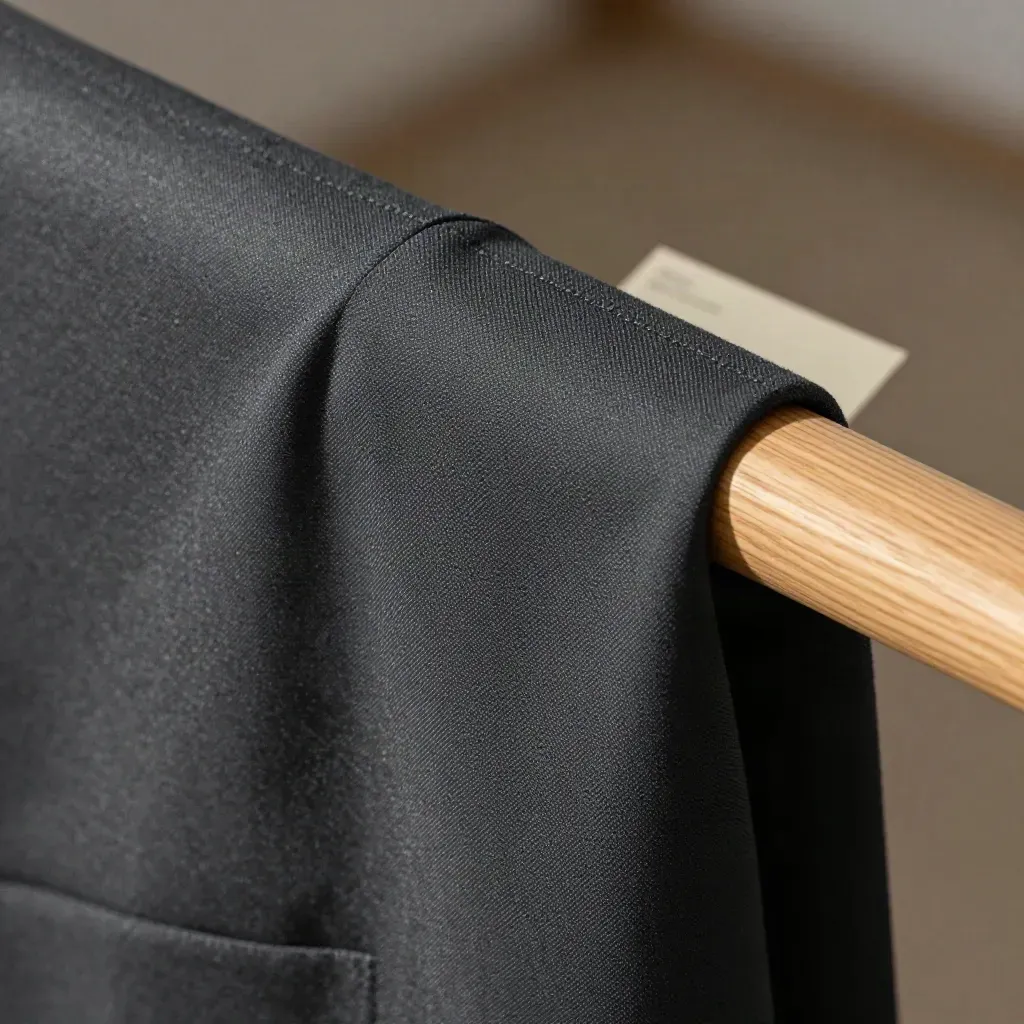 Gros plan d’une housse costume charbon sur tringle bois, silhouette de veste en creux.