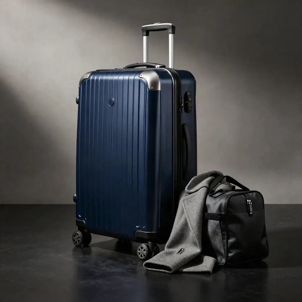 Valise rigide bleu nuit avec manteau plié et pochette, éclairage dramatique en studio.