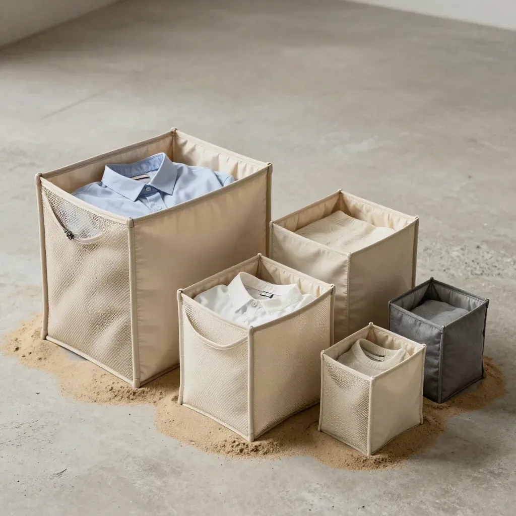 Vue zénithale de six cubes de rangement ivoire, sable et pierre, avec chemises pliées.
