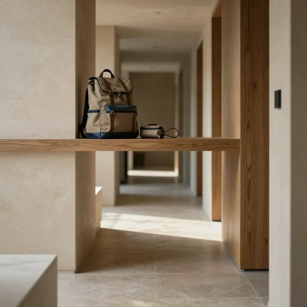Couloir d’hôtel en pierre pâle avec sac à dos sur le palier, lumière douce d’après-midi