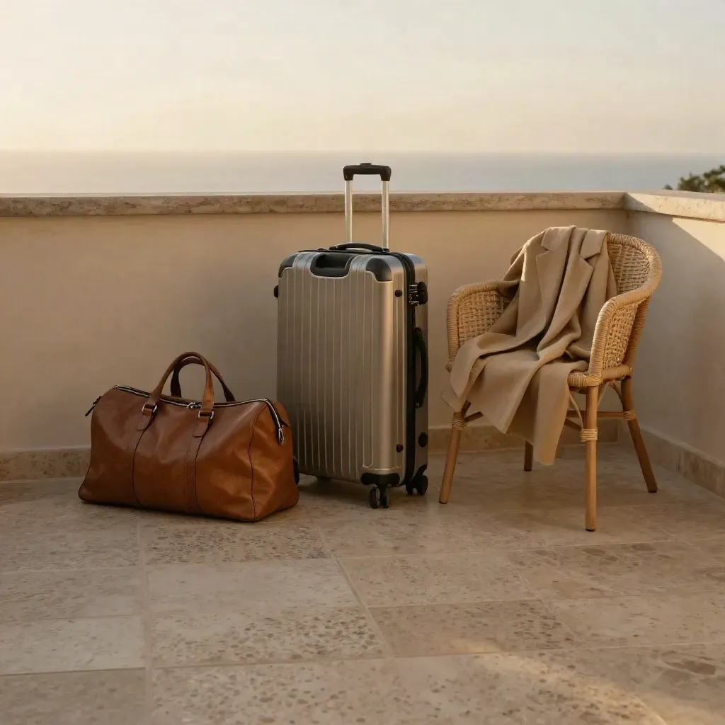 Balcon ensoleillé avec valise cabine, sac week-end et fauteuil tressé au soleil couchant.
