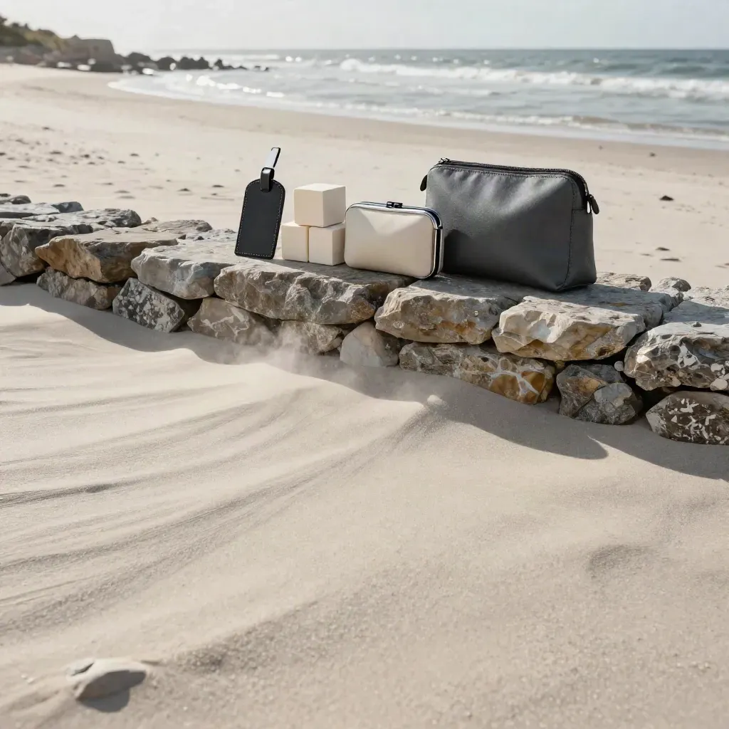 Gravier pâle au bord de mer, petit muret de pierre et accessoires de voyage en haut du cadre.