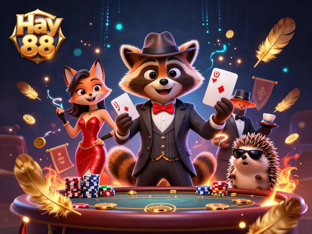 Experience thrilling poker action at Hay 88 with a charming raccoon and fox in a vibrant casino scene.