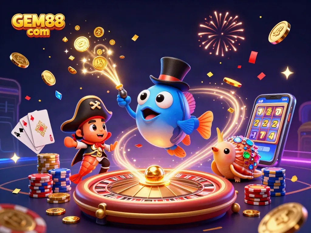 Spin the reels and win at GEM88 com, featuring vibrant characters and casino elements in an enchanting scene.