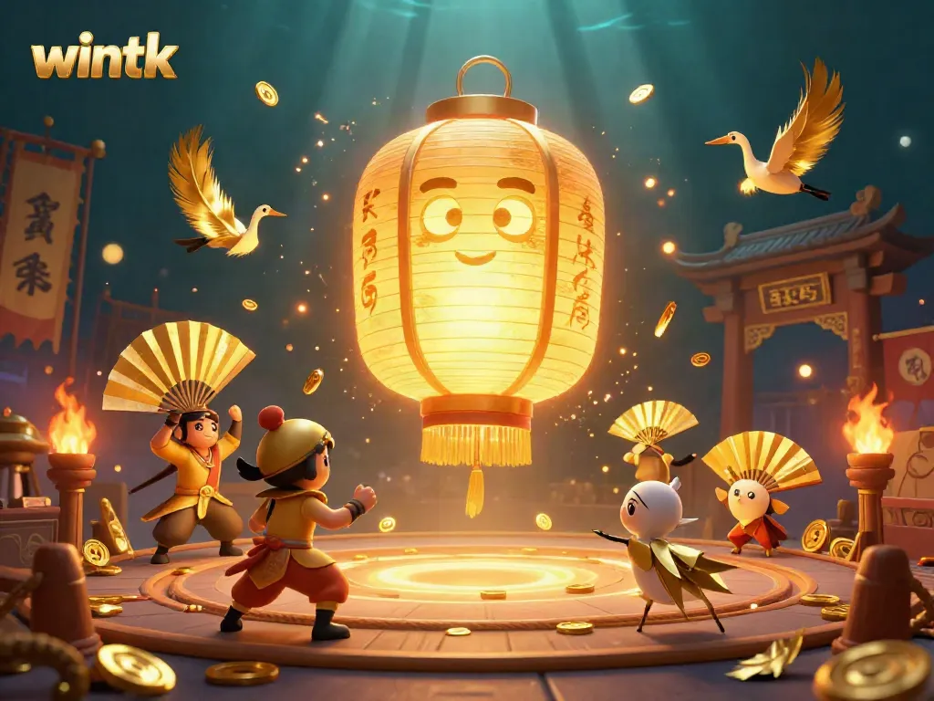 Engage with the vibrant wintk gaming scene featuring a mystical lantern spirit amidst dynamic casino elements.