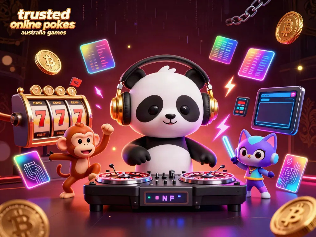 Engage with trusted online pokies Australia games in a vibrant 3D casino scene featuring characters and bright casino elements.