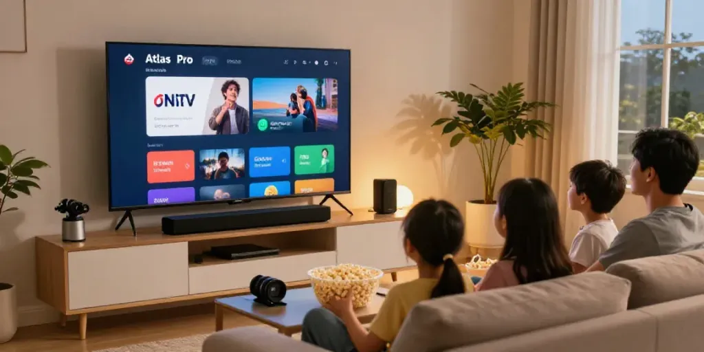 Famille profitant d'une soirée cinéma avec l'application Atlas Pro sur leur smart TV.
