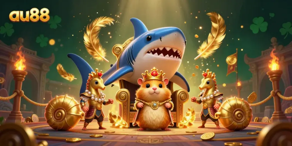 Experience thrilling betting at au88 with a golden hamster king on a megalodon throne amidst vibrant gameplay elements.