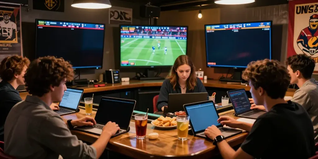Engagement autour de paris sportifs avec des amis, utilisant des appareils mobiles et regardant des événements sportifs.