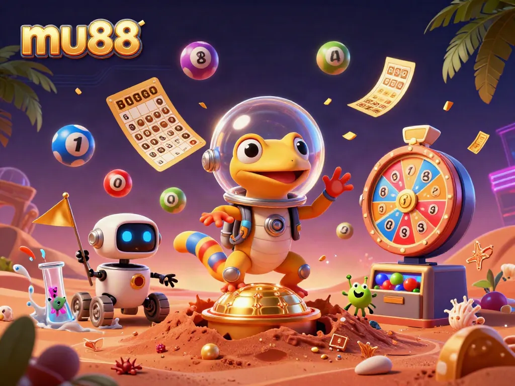 Experience mu88 with a cartoon Martian gecko discovering a golden casino, surrounded by vibrant lottery elements.