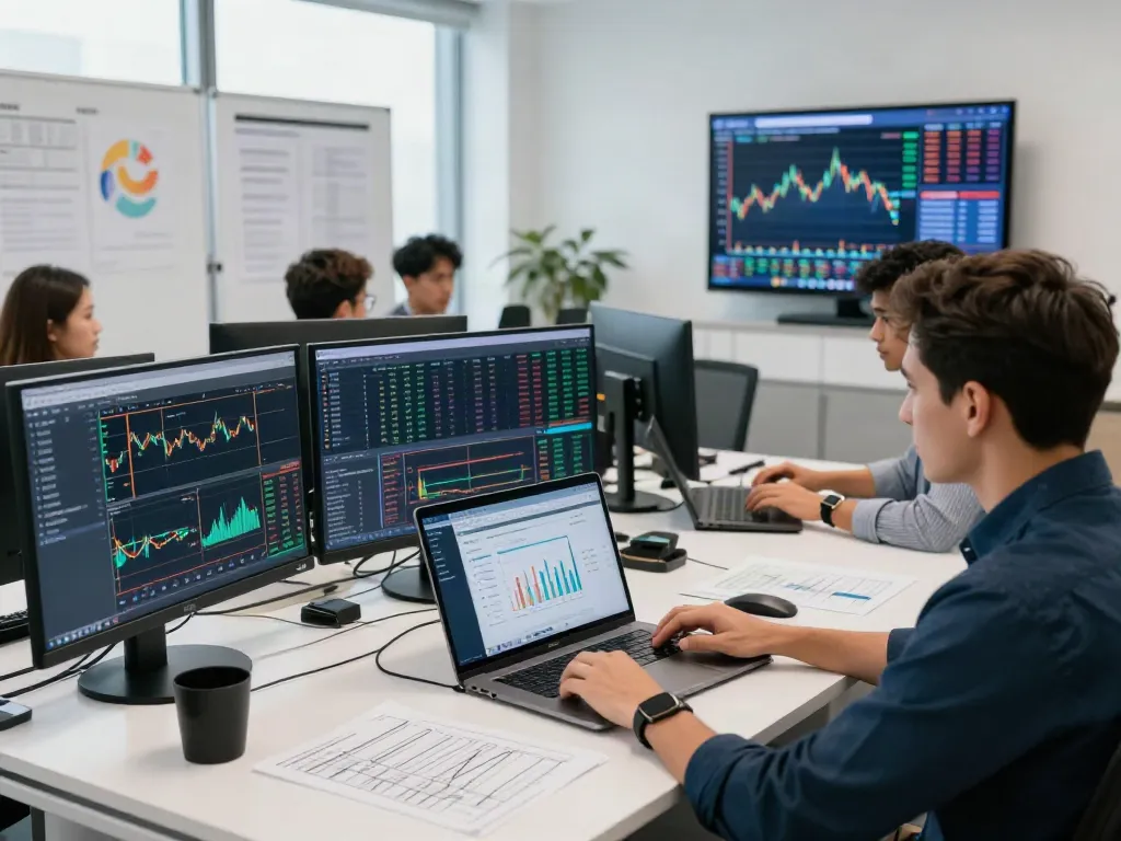 Essor Invexaro en action dans un bureau moderne, professionnels analysant des données de marché.