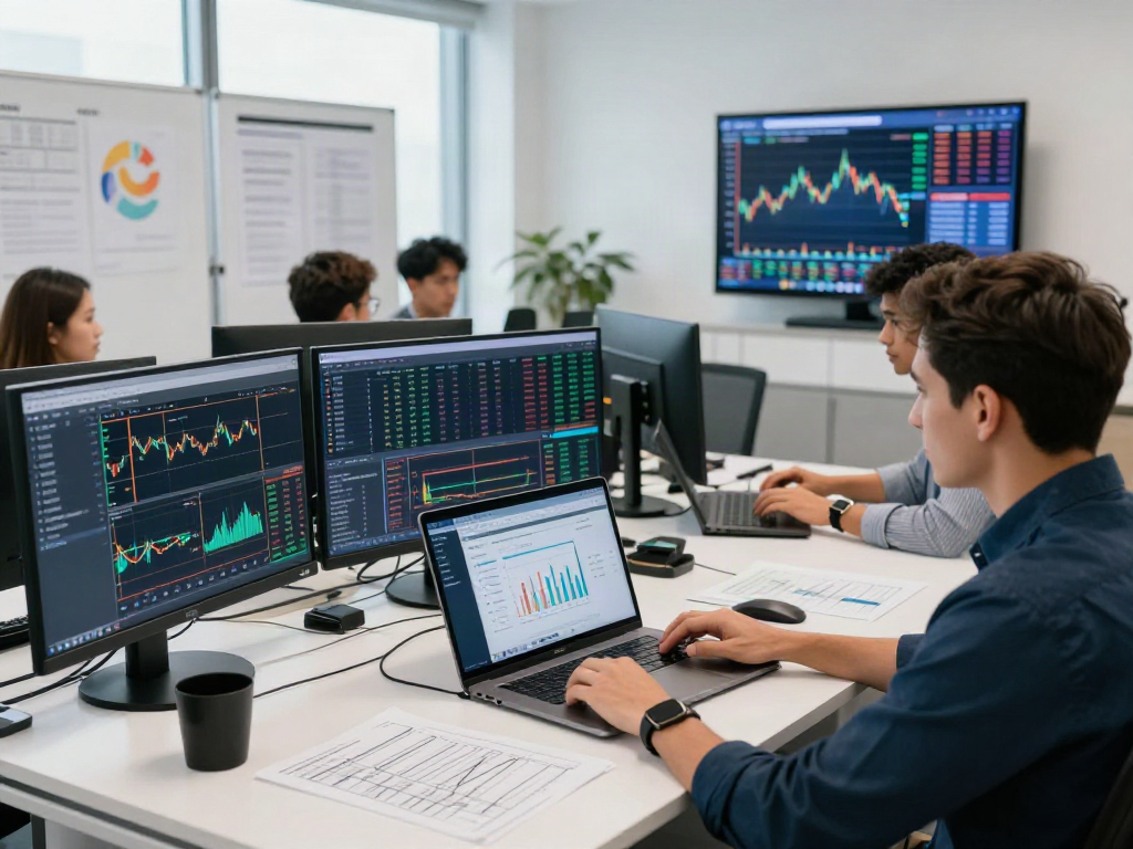 Essor Invexaro en action dans un bureau moderne, professionnels analysant des données de marché.