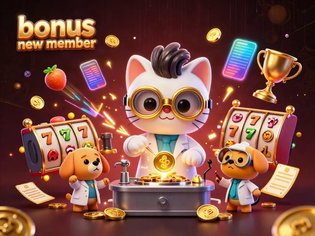 Engage with the excitement of the bonus new member offer featuring 3D playful characters in a lively casino atmosphere.