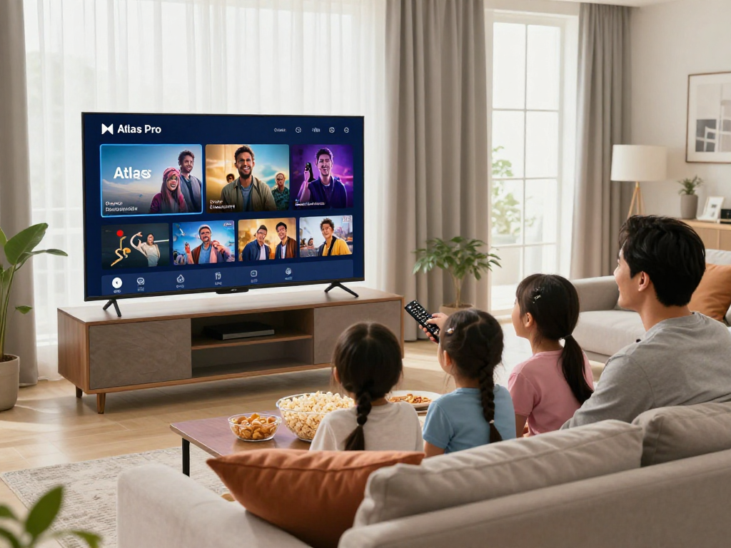Famille profitant de la qualité de streaming Atlas Pro dans leur salon moderne